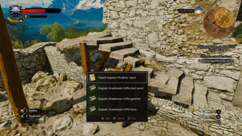 The Grandmaster Griffin Armor, Silver Sword & Gauntlets schematics under the stairs in Fort Ussar. 