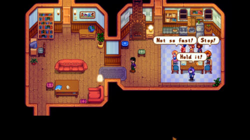Screenshot of Haley and Emily's home during the group breakup cutscene in Stardew Valley, showing all the bachelorettes confronting the player.