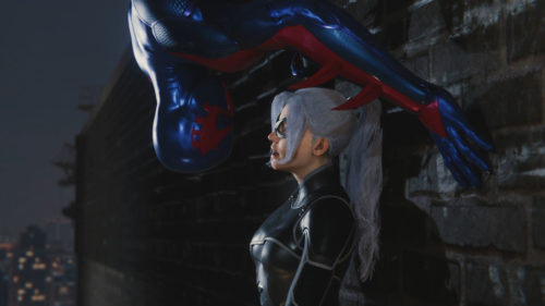 Spider-Man and Black Cat kissing.