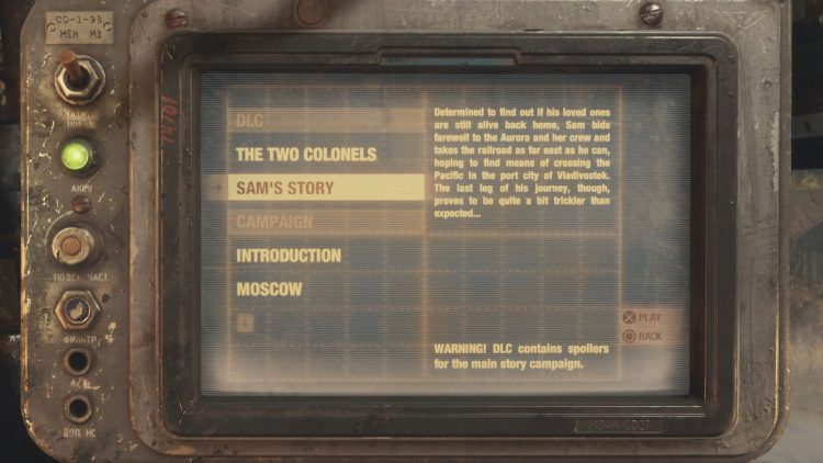Starting the Sam's Story DLC from the Start Menu of Metro Exodus.