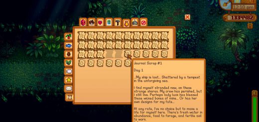 Image showing a collection of Journal Scraps in Stardew Valley, including their text and details about their locations and rewards.