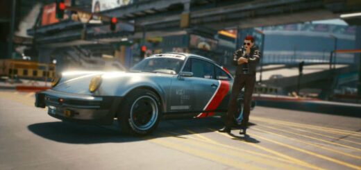 V wearing all Johnny Silverhand apparel items while standing by his Porsche.