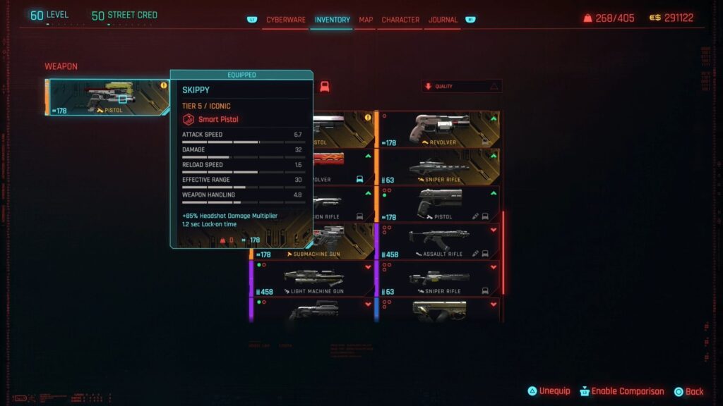 Skippy stats in Cyberpunk 2077.