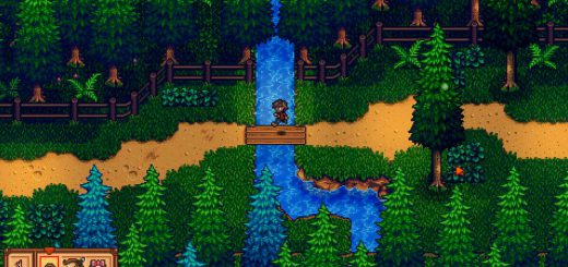Screenshot from Haunted Chocolatier showing the player character standing on a bridge in a lush, forested area.
