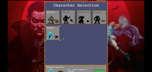 Secret character Exdash on the Character Selection screen in Vampire Survivors.