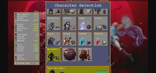 Boon on the character selection screen in Vampire Survivors.