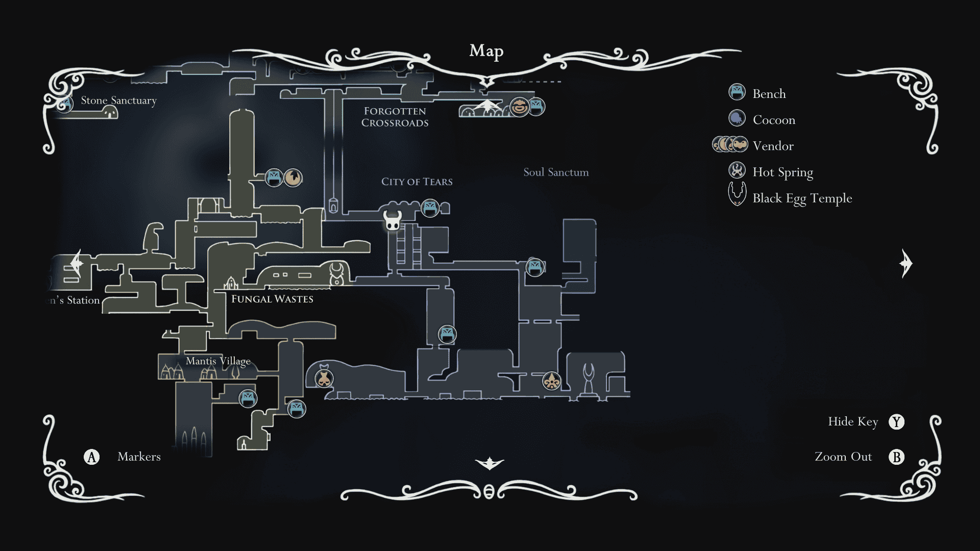 Map for the City of Tears in Hollow Knight.