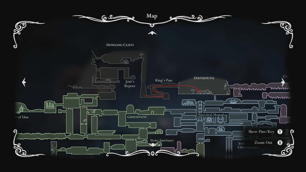 King's Pass map showing the route to reach Dirtmouth at the start of Hollow Knight. 