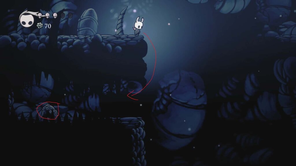 Image showing how to reach the fourth Geo Deposit by the collapsed bridge in King's Pass. 