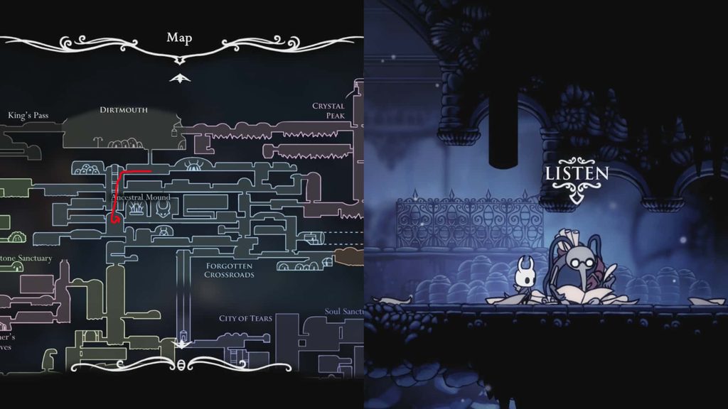 Location of Cornifer in The Forgotten Crossroads in Hollow Knight.