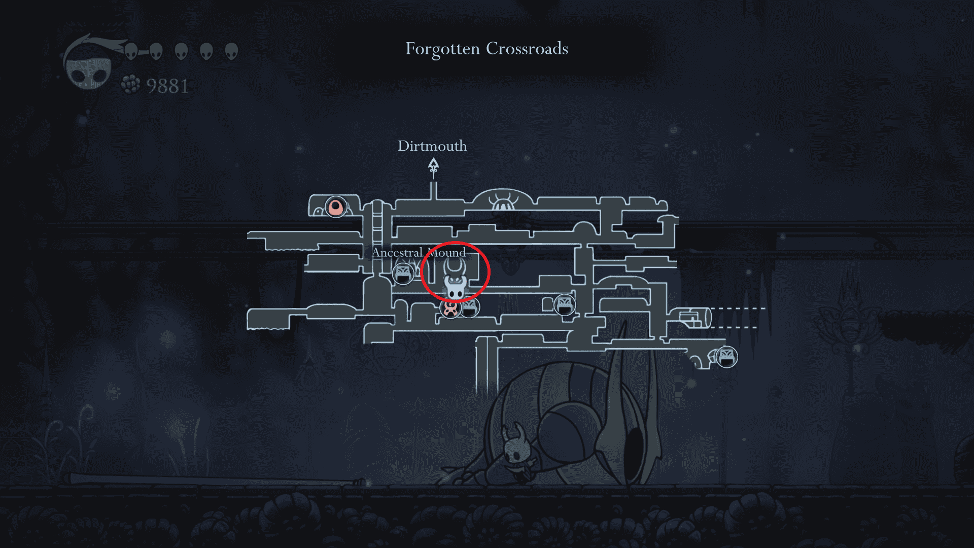 Map location of the False Knight in The Forgotten Crossroads in Hollow Knight.