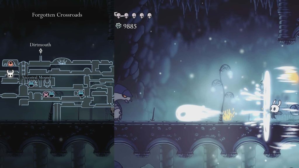 Mini-boss blocking way to Greenpath in Hollow Knight.