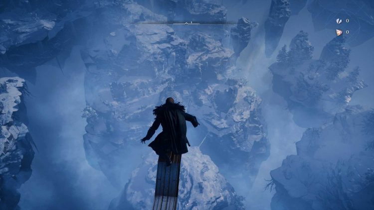 Eivor standing on a leaping spot high up in Assassin's Creed Valhalla.