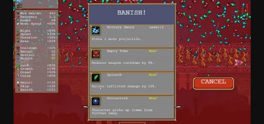 Banishing an item in Vampire Survivors.