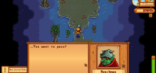 Henchman blocking the path leading to the Witch's Hut in Stardew Valley.