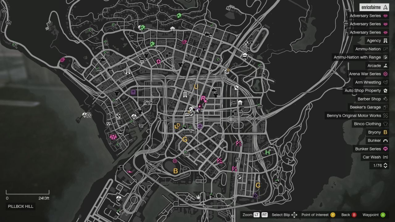 Image showing the map location of the Pillbox Hill Street Dealer in GTA Online.