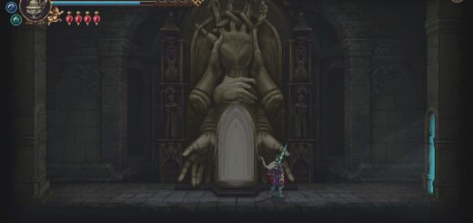 Image showing the Penitent One standing in front of a fast travel gate in Blasphemous 2.