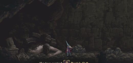 Image showing the Penitent One receiving the Regula's Cloth item in Blasphemous 2.