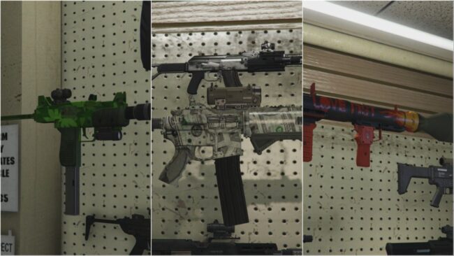Image showing the three GTA Online Anniversary Weapon skins players get for free.