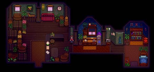 A screenshot from ConcernedApe's Haunted Chocolatier showing a character standing inside of a well decorated room.