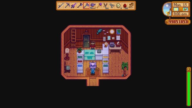 Inside Willy's bait shop in Stardew Valley.