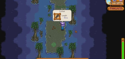Farmer catching the Catfish in Stardew Valley.