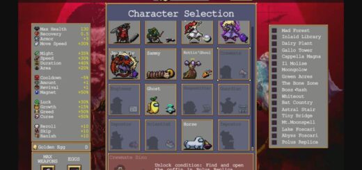 Vampire Survivors Crewmate Dino character unlock screen.