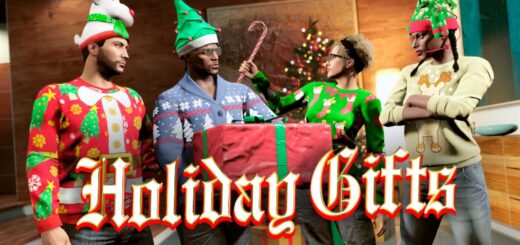 Art work from GTA Online showing Holiday Gifts being given to different players.