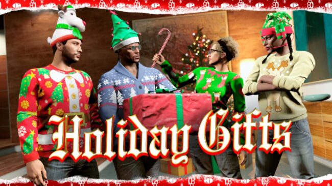 Art work from GTA Online showing Holiday Gifts being given to different players.