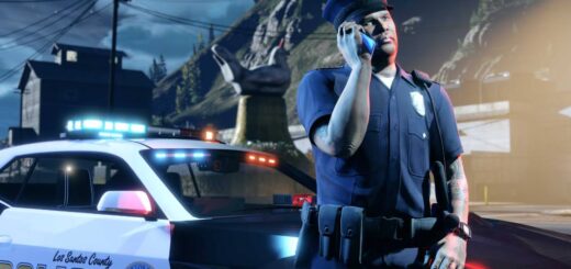 Image showing Vincent leaning against his LSPD cruiser in GTA Online.