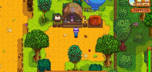 The Bookseller in his shop next to his hot air balloon in Stardew Valley.