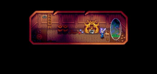 The farmer receiving meowmere from a cat in Stardew Valley.