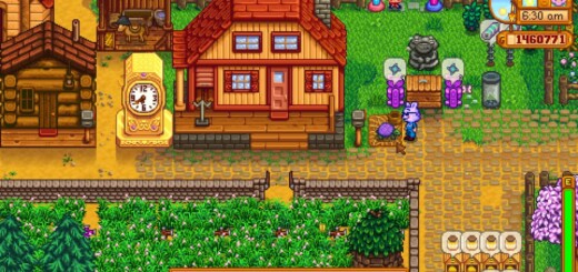 A purple Turtle pet on the farm in Stardew Valley.