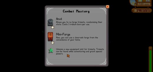 Stardew Valley Combat Mastery unlock list including Trinkets.
