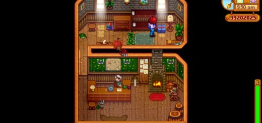 The red and blue present in the back room of the Adventurers Guild in Stardew Valley.