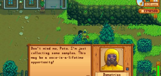 Demetrius wearing a hazmat suit in Stardew Valley during the Green Rain weather event.