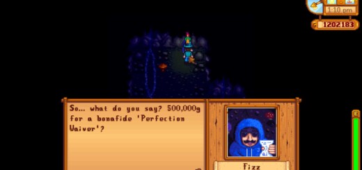 Fizz offering to sell the Farmer a Perfection Waiver in Stardew Valley.