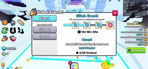 The Global Event menu showing the Glitch Event details in Pet Simulator 99.