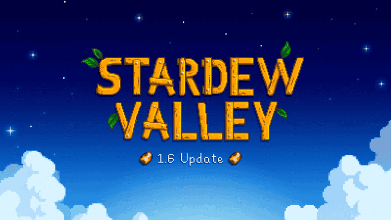 Stardew Valley 1.6 update logo featuring the version number against a simple background.