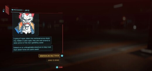 Message sent by Jim B to start the Balatro Scavenger Hunt quest in Cyberpunk 2077.