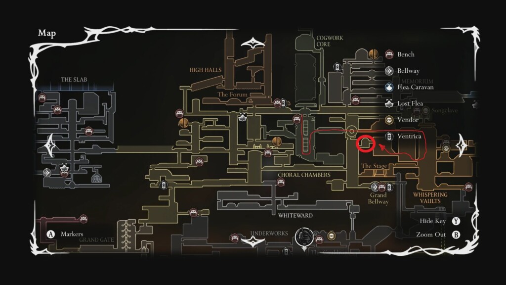 Map showing the path to take to reach the Pale Oil in the Citadel. 