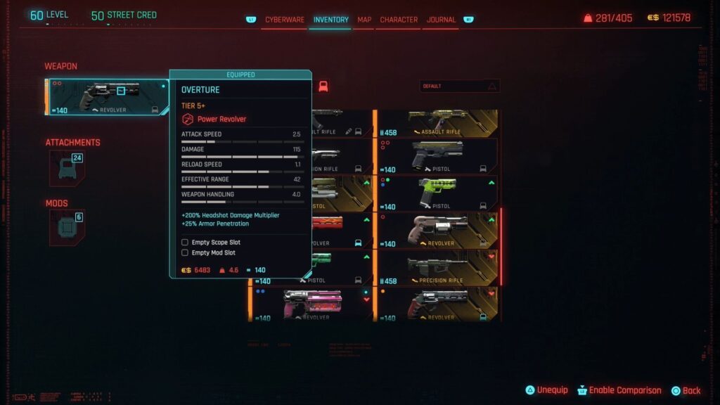The Overture Stats in Cyberpunk 2077.