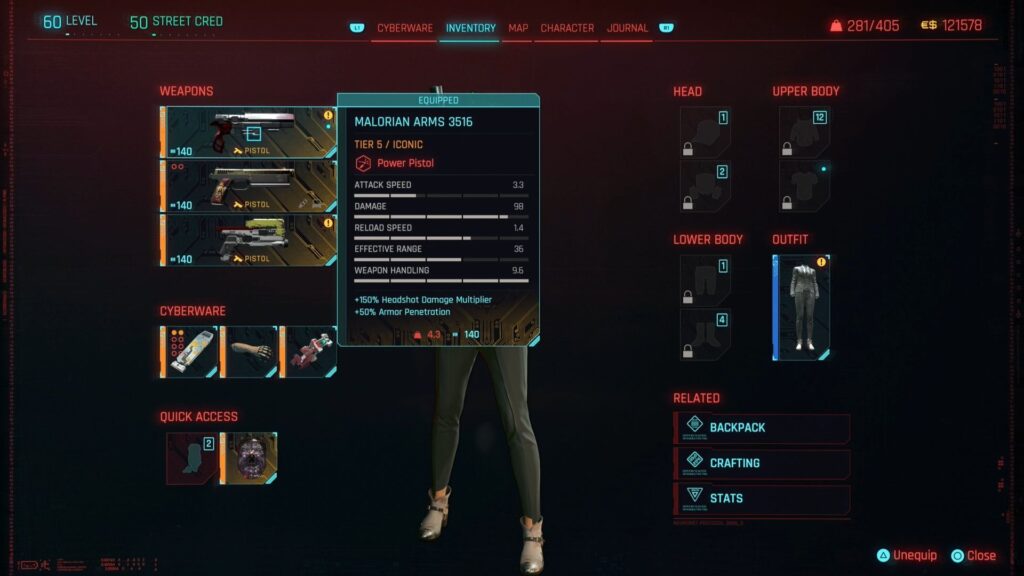 The Malorian Arms 3516 stats in Cyberpunk 2077.