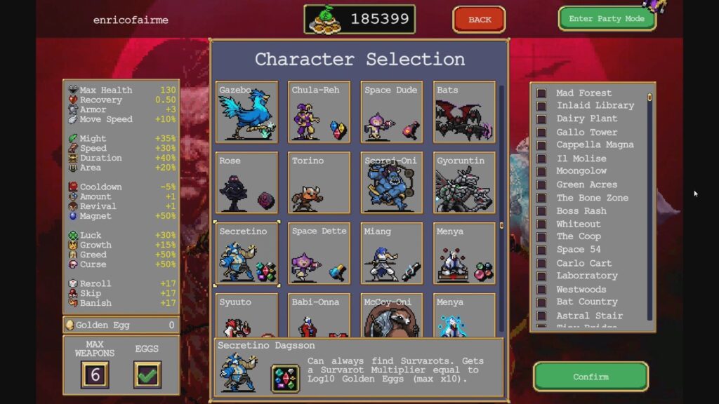 Secretino unlocked on the character selection screen of Vampire Survivors.