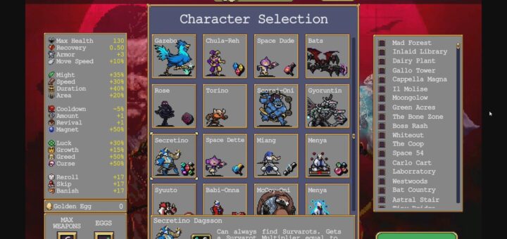 Secretino unlocked on the character selection screen of Vampire Survivors.