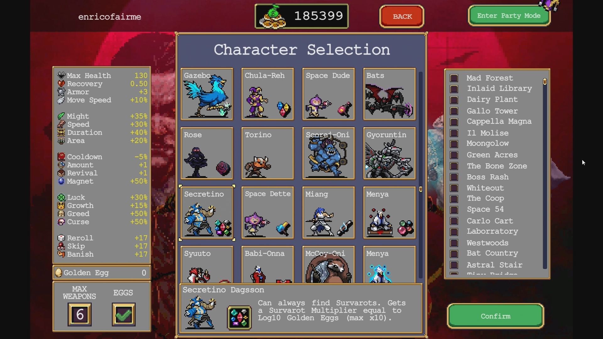 Secretino unlocked on the character selection screen of Vampire Survivors.