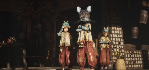 A screenshot from Where Winds Meet showing three kids dressed as rats.