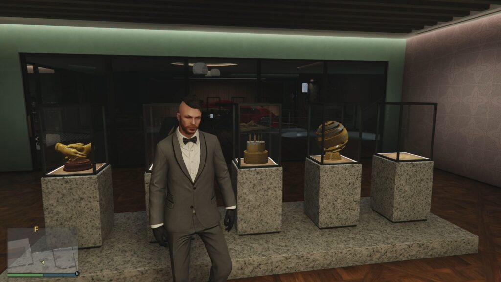 Some trophies on display in the Mansion's trophy room in GTA Online. 