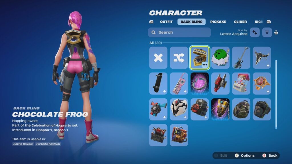 Equipping the Chocolate Frog Back Bling in Fortnite.