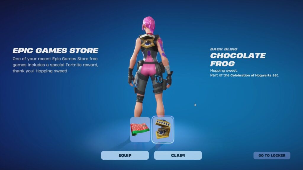 Claiming the Chocolate Frog Black Bling in Fortnite.